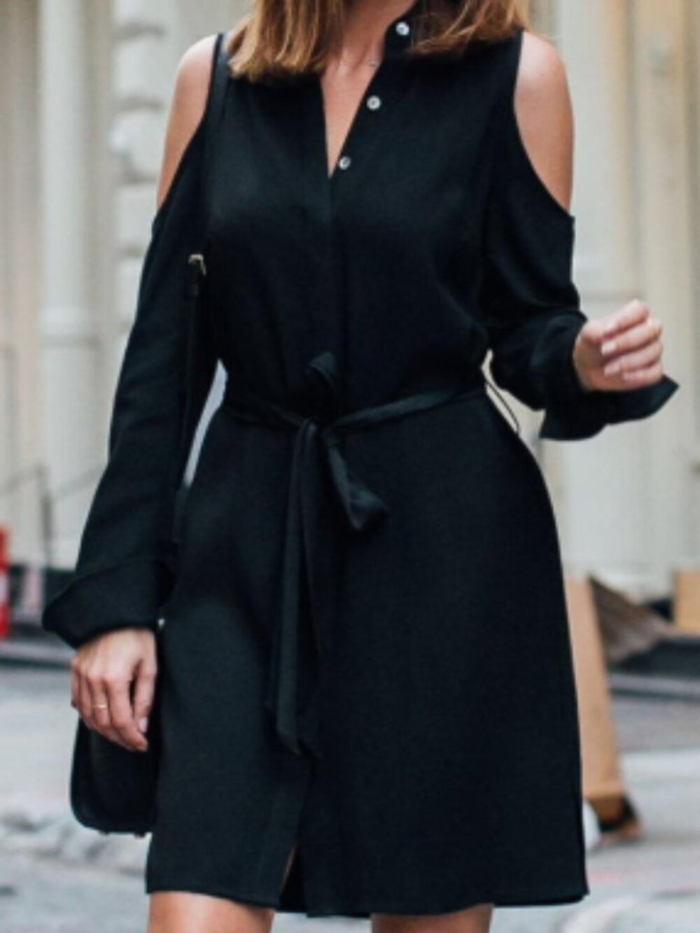 Ramy Brook Black Cold-Shoulder Long Sleeve Belted Mini Shirt Dress Size M